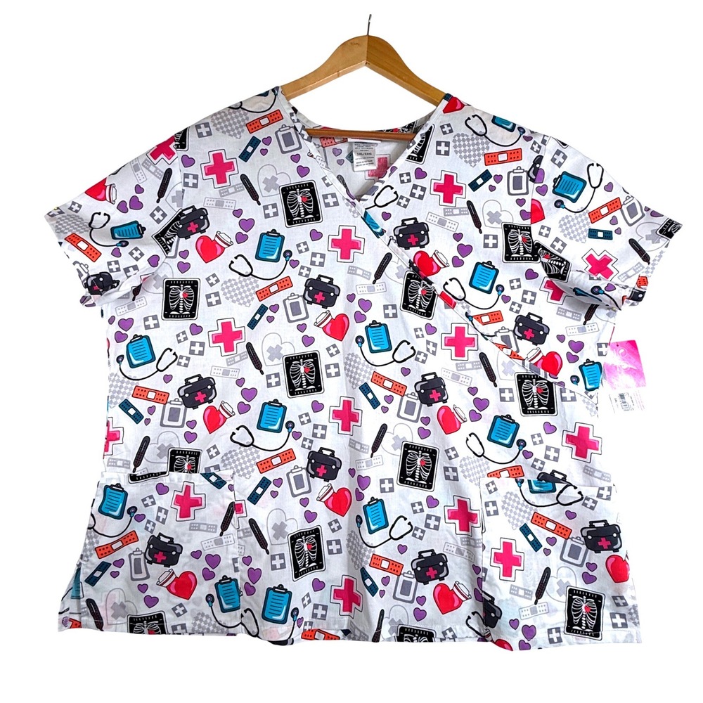 Scrubstar Mock Wrap Scrub Top Medical Print White 3XL NWT